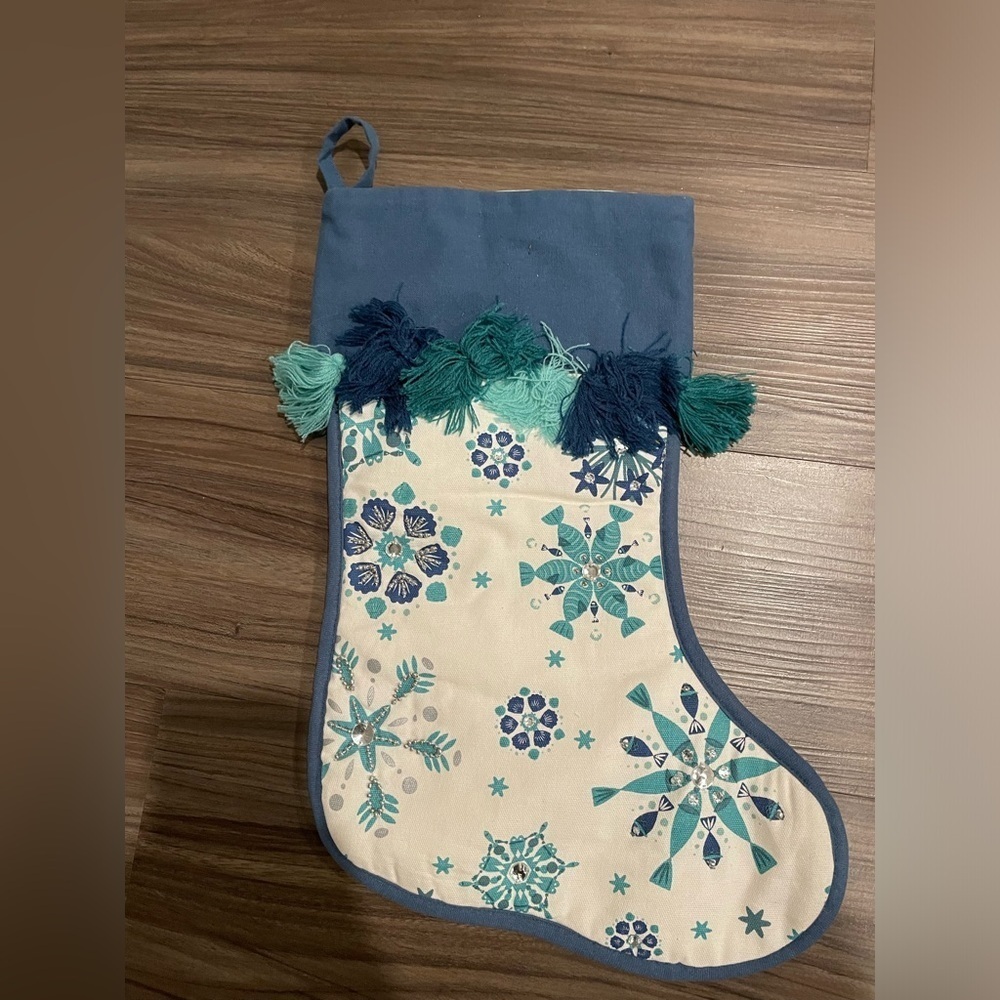 Christmas Festive Blue and Cream Stocking with Snowflake Design